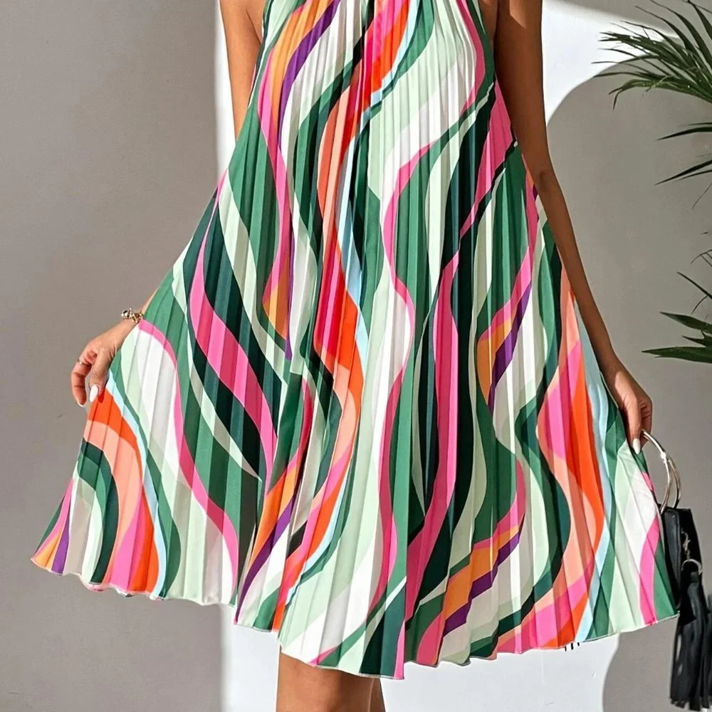 Multicolor Preppy Womens Allover Print Pleated Halter Dress - Picture 5 of 5